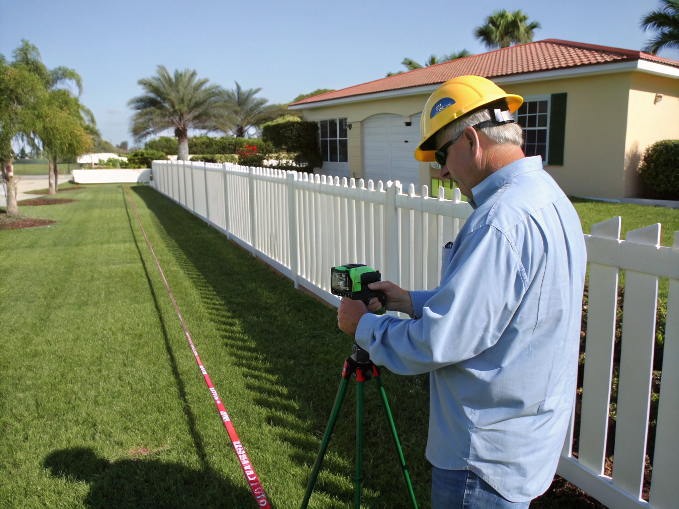 Measuring wooden concrete slab formwork with a yellow steel tape measure on a residential job site