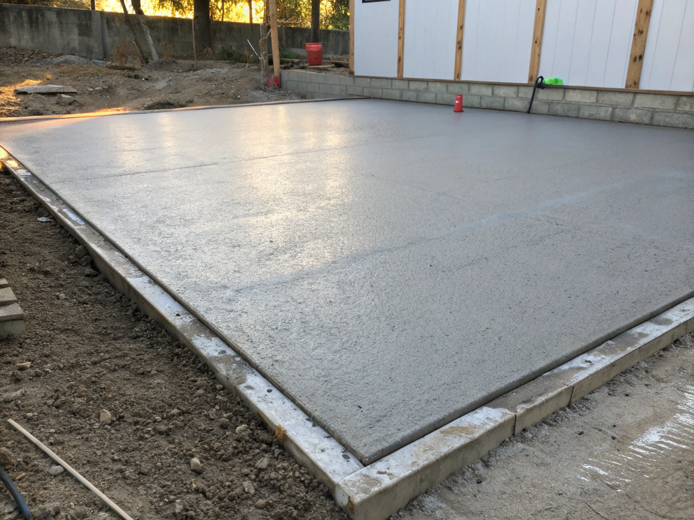 Freshly placed screeded concrete slab with wet aggregate texture in natural daylight